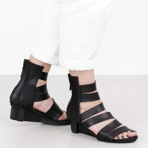 Trippen Zita Gladiator Metallic Leather Strappy Black Wedge Sandal Size 9.5 - Picture 6 of 14